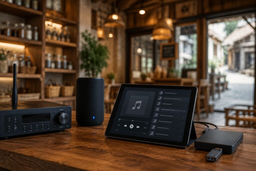 Wi-Fi olmayan mekanlarda müzik yayını sağlayan çevrimdışı medya oynatıcı, yerel depolama ünitesi ve müzik kontrol ekranı.