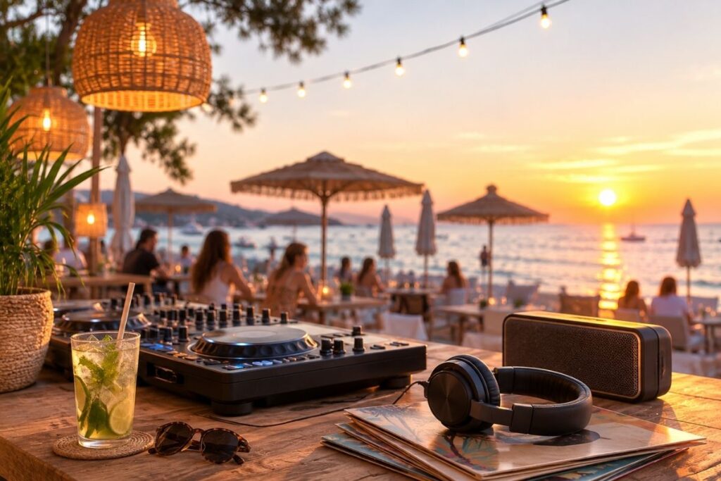 Doğru kurgulanmış bir yaz sezonu plaj ve kafe playlist eşliğinde deniz kenarında dinlenen müşteriler ve keyifli bir plaj bar atmosferi.