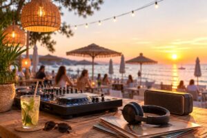 Doğru kurgulanmış bir yaz sezonu plaj ve kafe playlist eşliğinde deniz kenarında dinlenen müşteriler ve keyifli bir plaj bar atmosferi.
