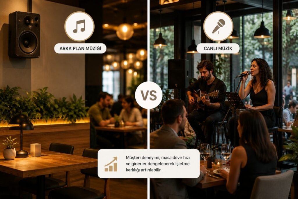 İşletmelerde arka plan müziği ile canlı müzik uygulamalarını karşılaştıran restoran görseli