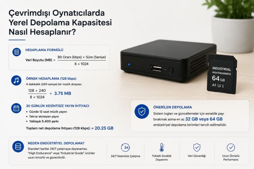 Çevrimdışı oynatıcılarda yerel depolama kapasitesi nasıl hesaplanır sorusunu açıklayan depolama hesaplama formülü ve medya oynatıcı görseli.
