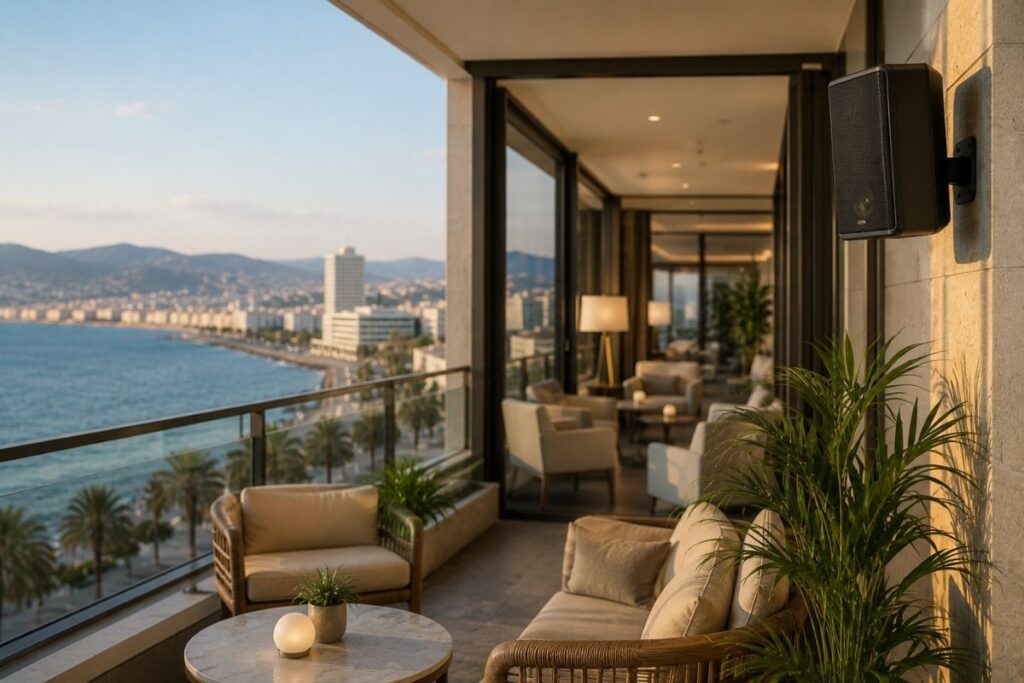İzmir otel müzik yayını atmosferini yansıtan deniz manzaralı otel lobisi ve dinlenme alanı