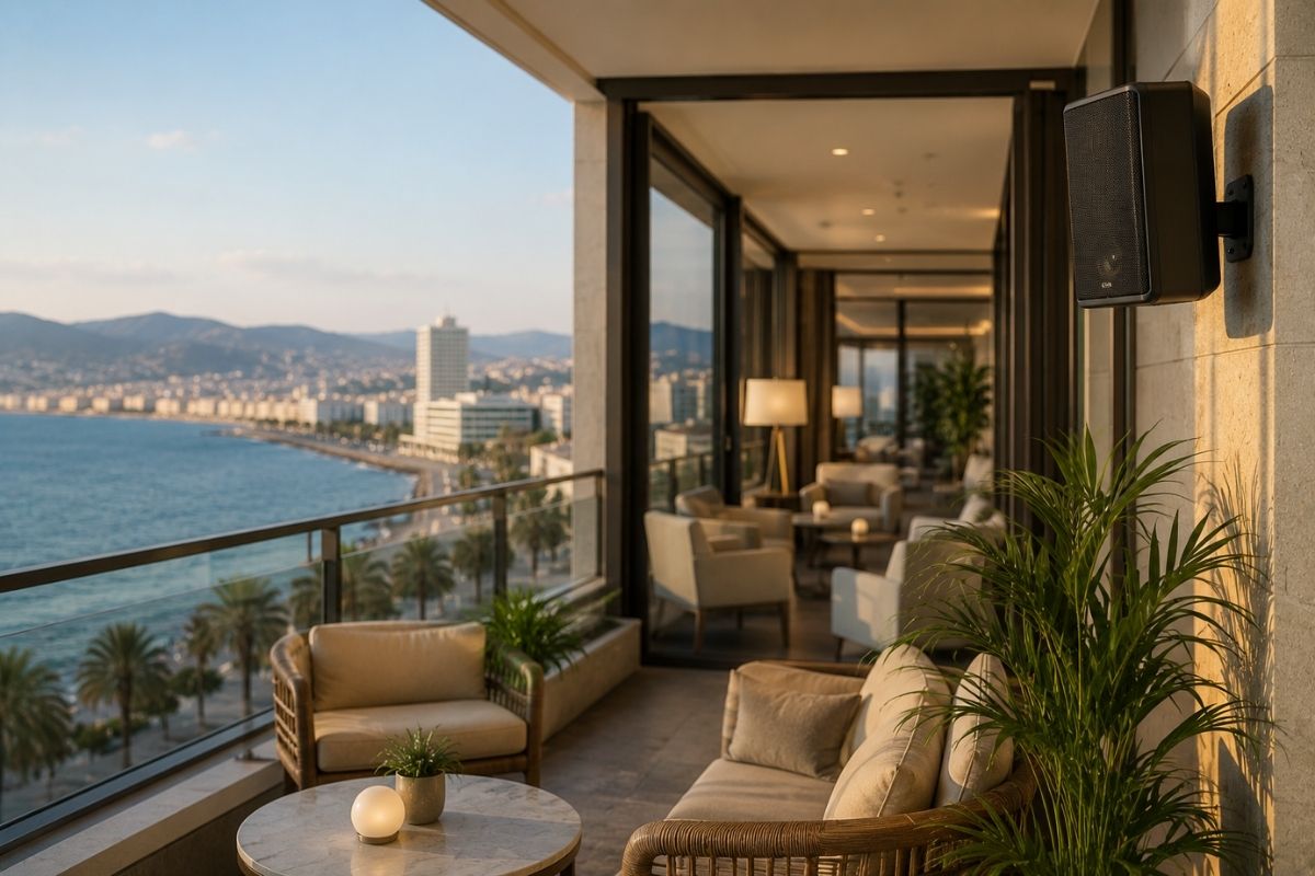 İzmir otel müzik yayını atmosferini yansıtan deniz manzaralı otel lobisi ve dinlenme alanı