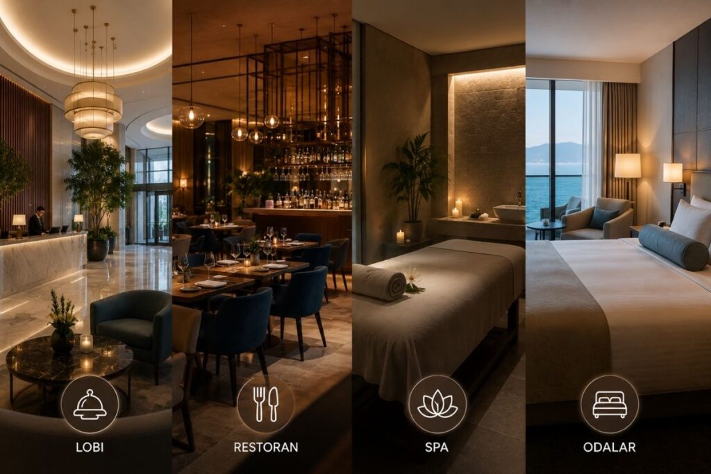 Otel lobisi, restoranı, spa alanı ve misafir odalarında farklı müzik atmosferlerinin oluşturulmasını temsil eden, bölümlere göre özelleştirilmiş müzik yayını konseptini gösteren blog içi görsel.
