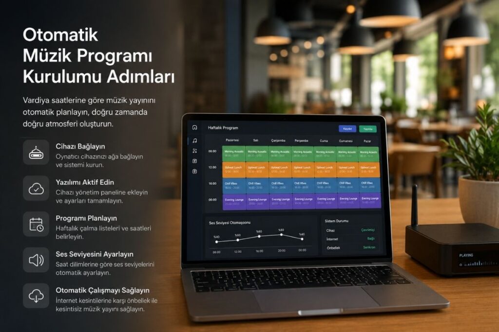 Otomatik müzik programı kurulumu adımlarını gösteren müzik planlama paneli ve zamanlama ekranı.