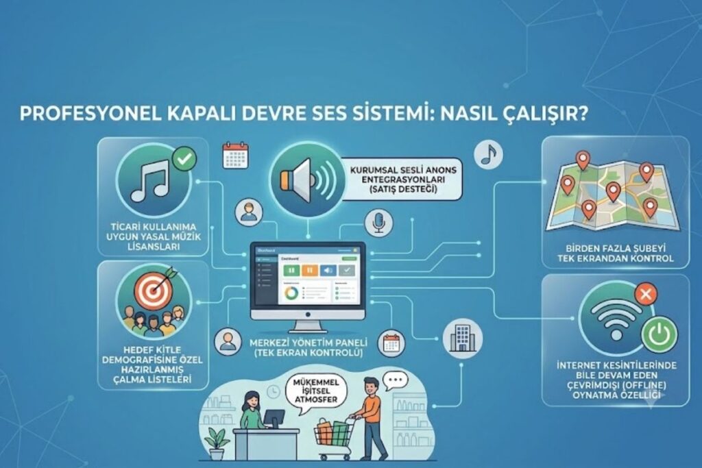 PROFESYONEL KAPALI DEVRE SES SİSTEMİ: NASIL ÇALIŞIR? başlıklı infografik. Merkezde 'MERKEZİ YÖNETİM PANELİ (TEK EKRAN KONTROLÜ)' ibareli bir bilgisayar ekranı var. Çevresinde beş özellik modülü yer alıyor: 'TİCARİ KULLANIMA UYGUN YASAL MÜZİK LİSANSLARI', 'HEDEF KİTLE DEMOGRAFİSİNE ÖZEL HAZIRLANMIŞ ÇALMA LİSTELERİ', 'KURUMSAL SESLİ ANONS ENTEGRASYONLARI (SATIŞ DESTEĞİ)', 'BİRDEN FAZLA ŞUBEYİ TEK EKRANDAN KONTROL' ve 'İNTERNET KESİNTİLERİNDE BİLE DEVAM EDEN ÇEVRİMDIŞI (OFFLINE) OYNATMA ÖZELLİĞİ'. Altta ise mağaza tezgahında mutlu bir çalışan ve alışveriş arabasıyla bir müşteri görülüyor.
