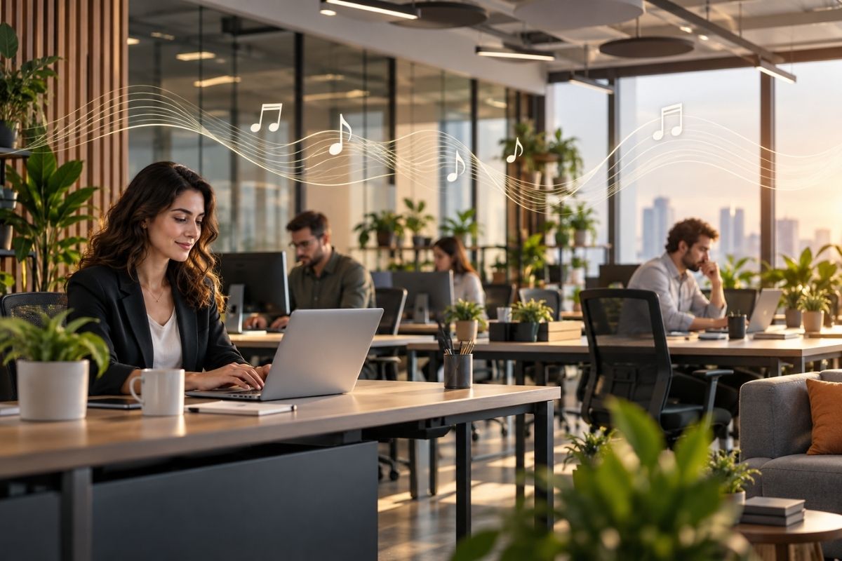Ofis müzik yayını yapılan modern açık ofis ortamı