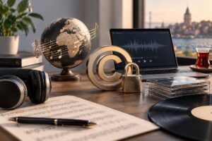 Telif hakkı olmayan müzikler ve müzik lisanslama kavramlarını temsil eden görsel