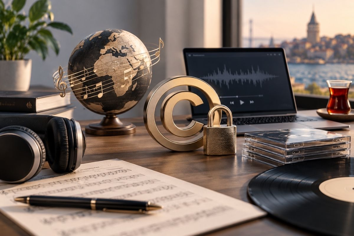 Telif hakkı olmayan müzikler ve müzik lisanslama kavramlarını temsil eden görsel