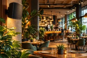 İşletmelerde fon müziği yayını kullanılan modern restoran ve kafe ortamı