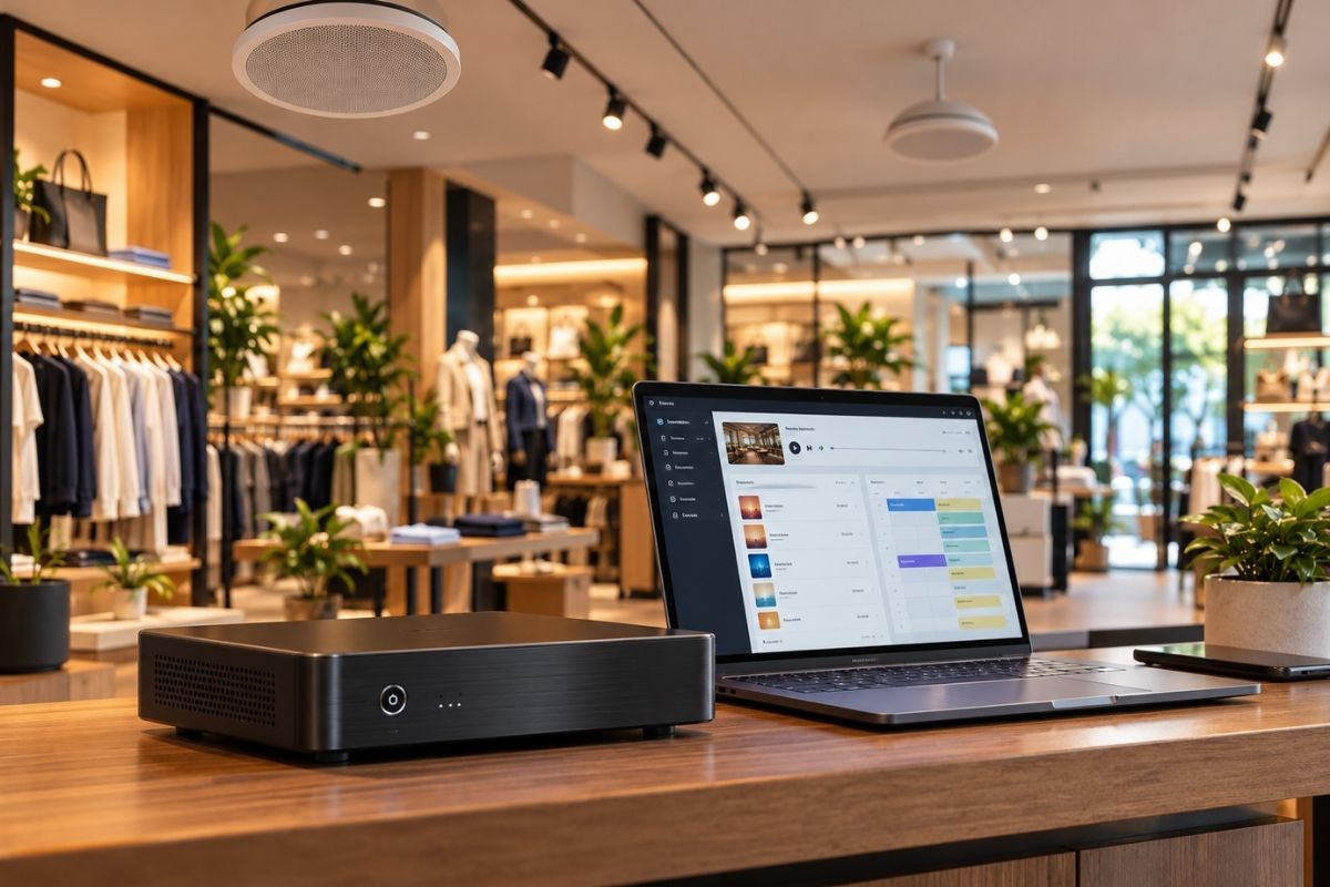 Modern bir mağazada profesyonel müzik yayın sistemi, müzik yayın cihazı ve dijital yayın yönetim ekranı