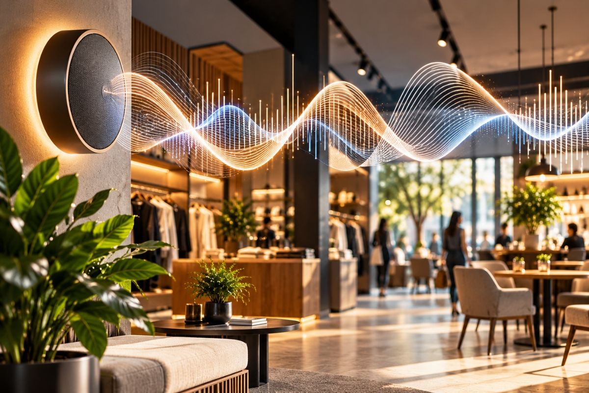 Sonic branding ve marka ses kimliğini temsil eden, modern mağaza ortamında hoparlörden yayılan ışıklı ses dalgaları.