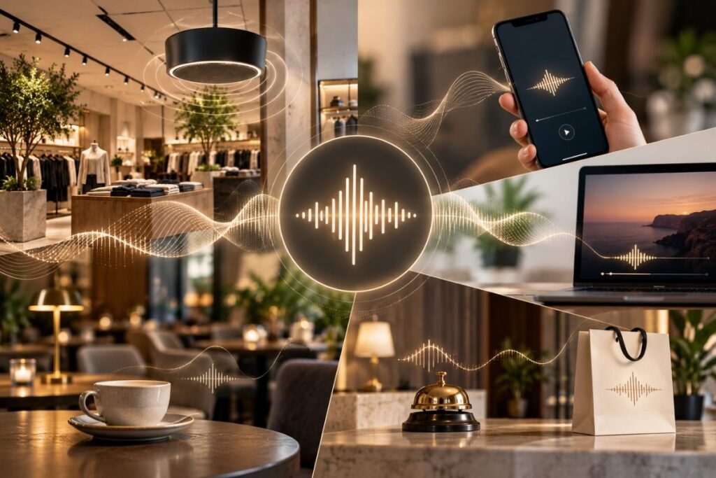 Sonic branding kavramını anlatan; mağaza, kafe, mobil uygulama ve dijital platformlarda marka ses kimliğinin kullanımını gösteren görsel.